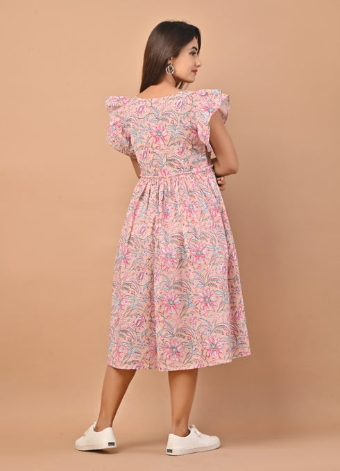 Pink Puffer Hand Block Print Cotton Dress (CRD06)